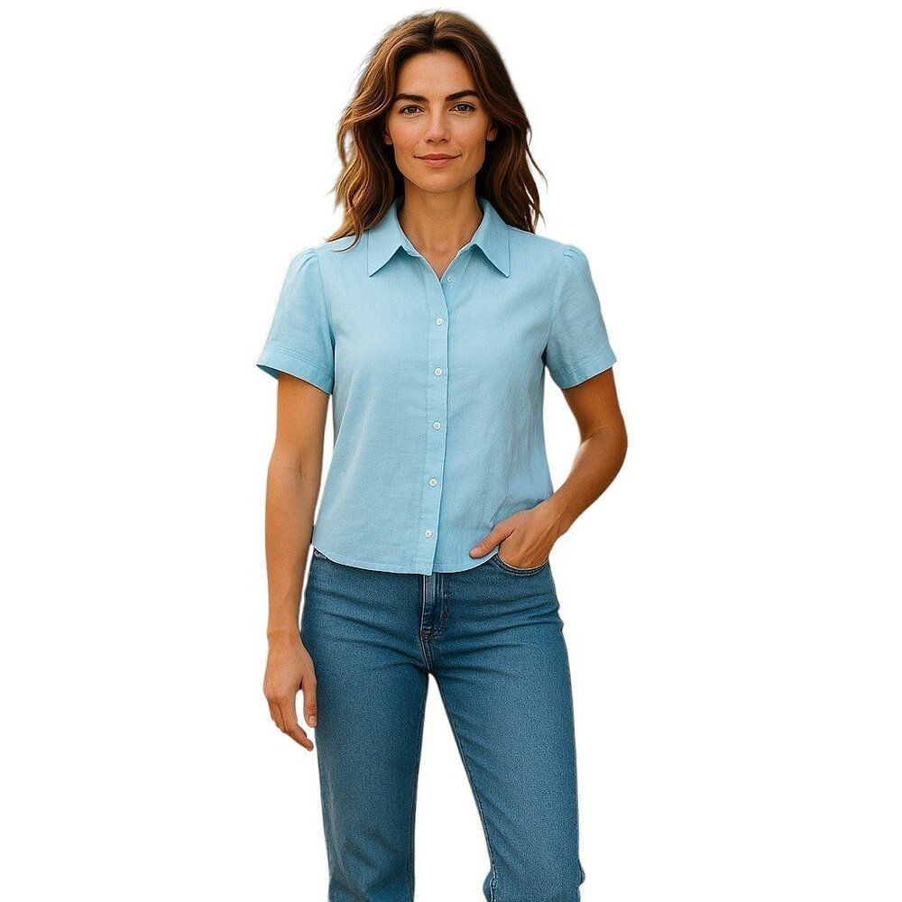 Kiko  Blouse Women's Size XL  Blue 100% Linen Short Sleeve Vintage Y2k # 185